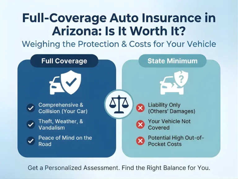 Infographic comparing full-coverage and state minimum auto insurance in Arizona. Left: Full coverage includes comprehensive, collision, theft, weather, and vandalism, promising peace of mind with checkmarks. Right: State minimum covers liability only, highlighting high out-of-pocket risks with red X marks. Scales icon symbolizes weighing options. Text underneath suggests a personalized assessment.