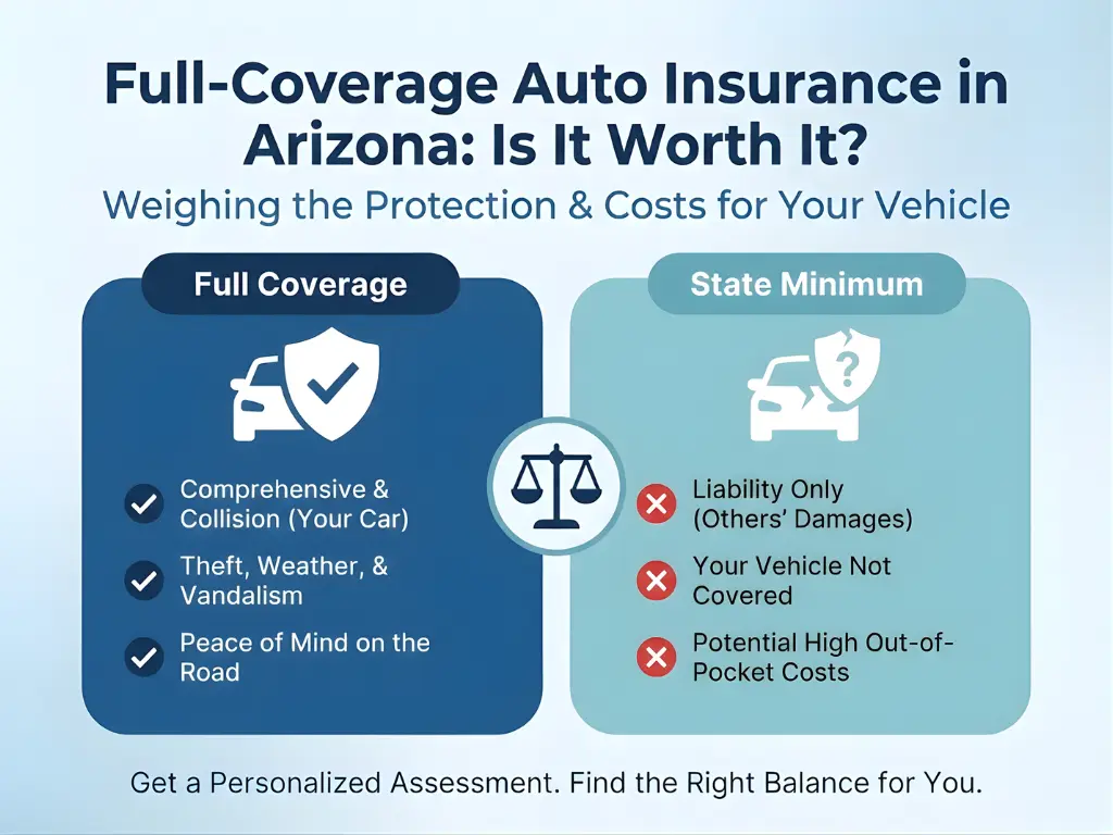 Infographic comparing full-coverage and state minimum auto insurance in Arizona. Left: Full coverage includes comprehensive, collision, theft, weather, and vandalism, promising peace of mind with checkmarks. Right: State minimum covers liability only, highlighting high out-of-pocket risks with red X marks. Scales icon symbolizes weighing options. Text underneath suggests a personalized assessment.