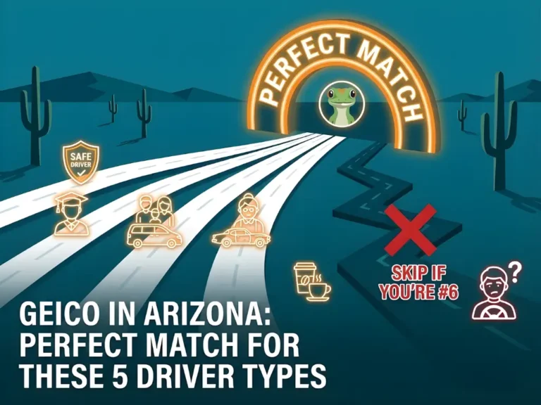 Graphic promoting GEICO in Arizona, highlighting a "Perfect Match" for five driver types, featuring icons for safe drivers, families, and more, with a warning to skip if you're type #6.