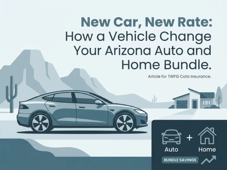 Illustration of a sleek car in a desert landscape with cacti and mountains, promoting Arizona auto and home insurance bundles. Includes bundle savings icon.