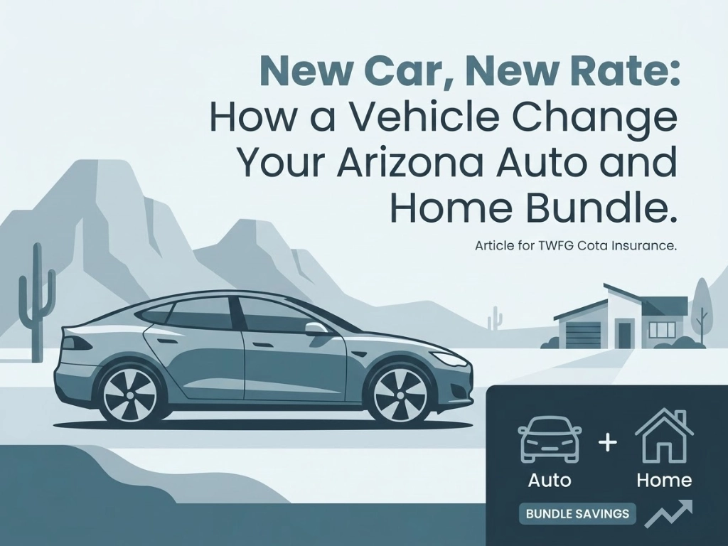 Illustration of a sleek car in a desert landscape with cacti and mountains, promoting Arizona auto and home insurance bundles. Includes bundle savings icon.