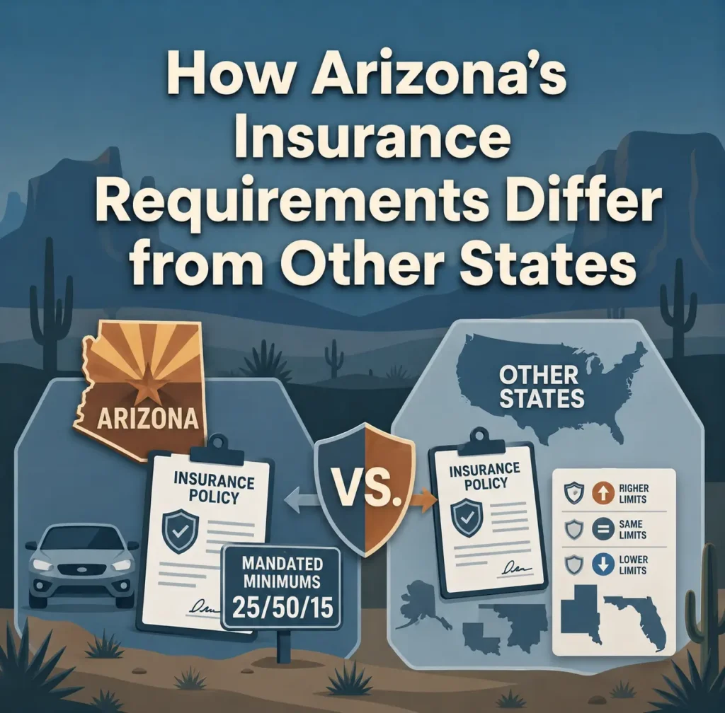 "nformative graphic comparing Arizona's insurance requirements to other states. Arizona requires 25/50/15 minimums, while other states may have higher, same, or lower limits. The design includes a car, insurance policy icons, and a map silhouette, set against a desert landscape with cacti.