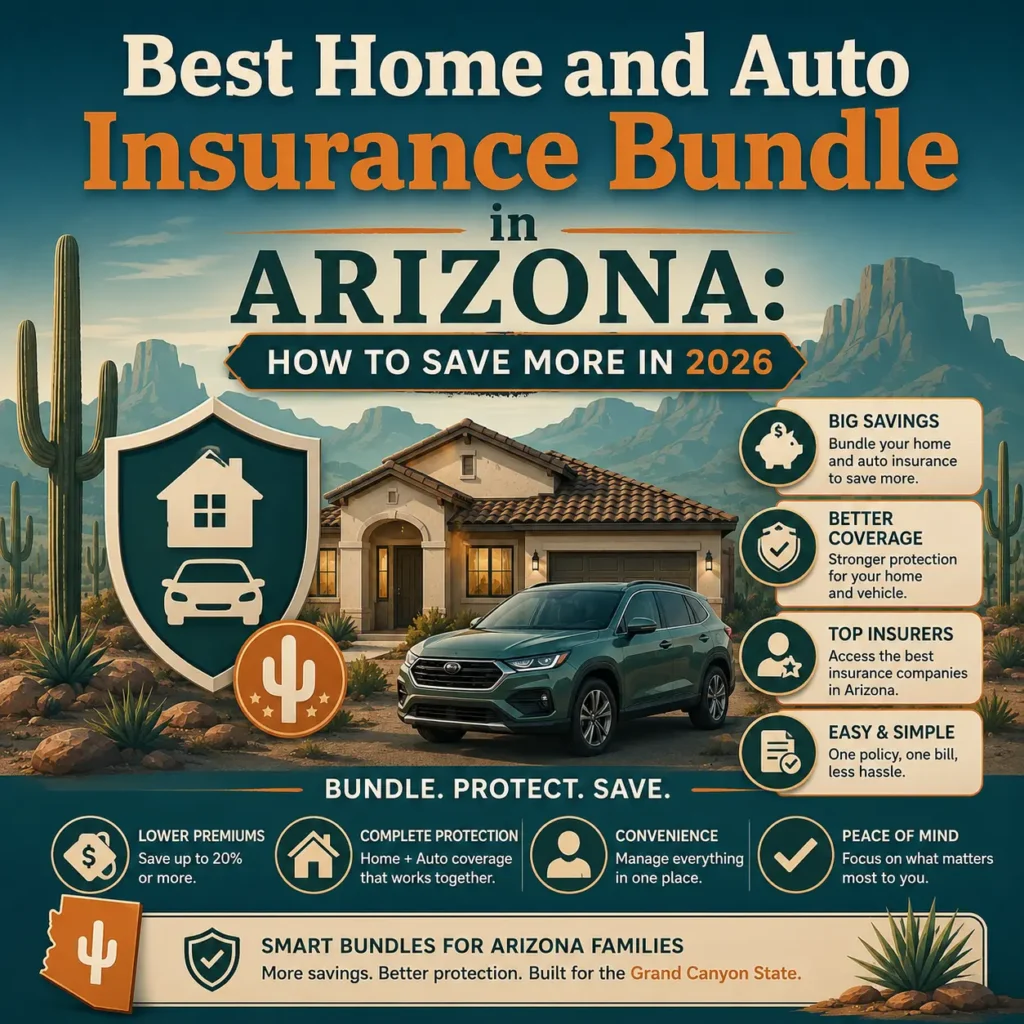 Infographic titled "Best Home and Auto Insurance Bundle in Arizona: How to Save More in 2026." Shows a house, car, cacti, and mountains. Emphasizes savings, coverage, ease.
