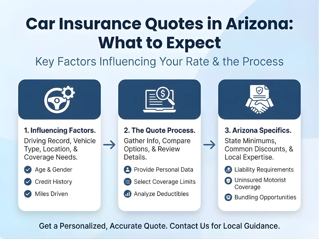 TWFG COTA Insurance Infographic titled "Car Insurance Quotes in Arizona: What to Expect." It outlines influencing factors like driving record and credit history, the quote process such as providing personal data, and Arizona specifics including liability requirements. Simple icons and text layout offer clarity.
