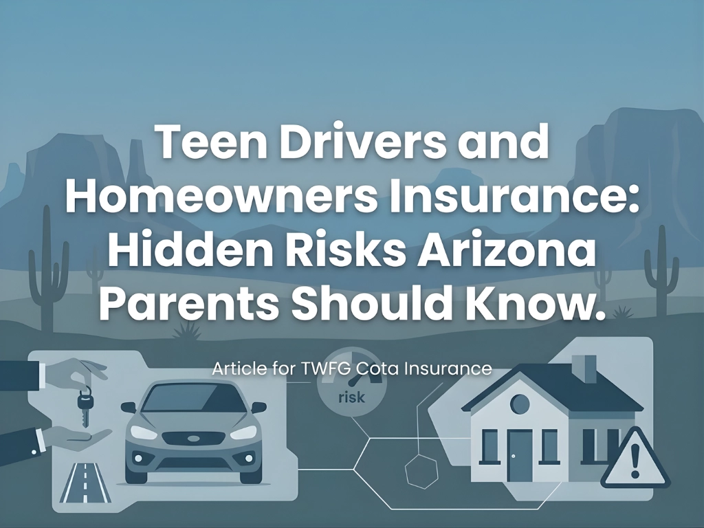 Teen drivers and homeowners insurance article image. Text on desert background with cacti, car and house icons, highlighting hidden risks in Arizona.