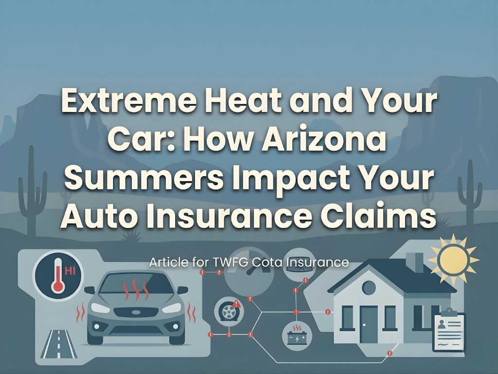 COTA Insurance "Understanding Dwelling Coverage vs. Personal Property Coverage in Arizona." Includes icons of a house and personal items in hexagons.